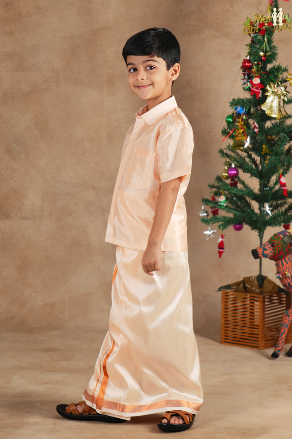 Regular Collar Orange Silk Shirt With Velcro Dhoti Set