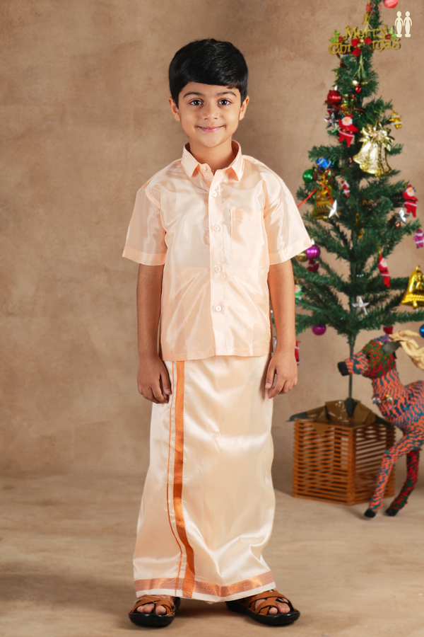 Regular Collar Orange Silk Shirt With Velcro Dhoti Set