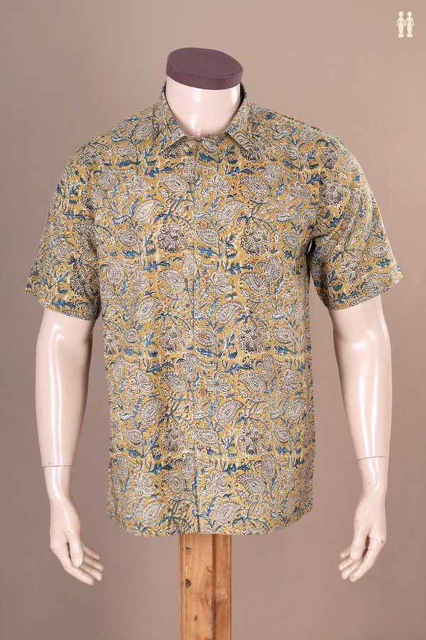 Regular Collar Paisley Design Green Kalamkari Cotton Shirt