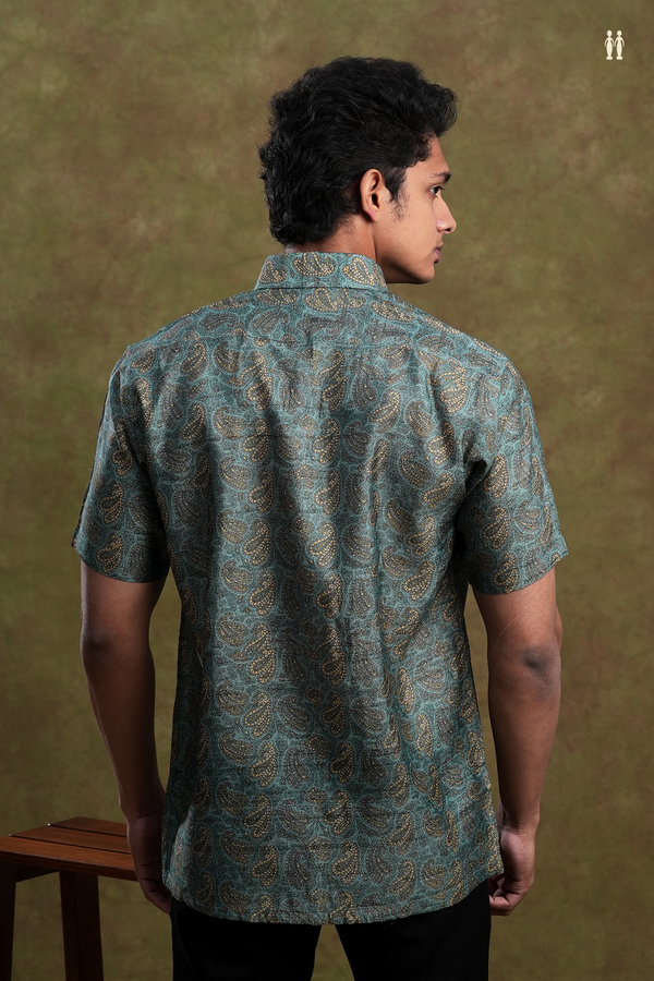 Regular Collar Paisley Design Green Tussar Silk Shirt