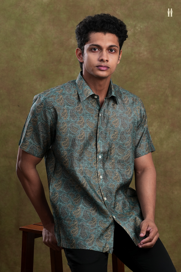 Regular Collar Paisley Design Green Tussar Silk Shirt