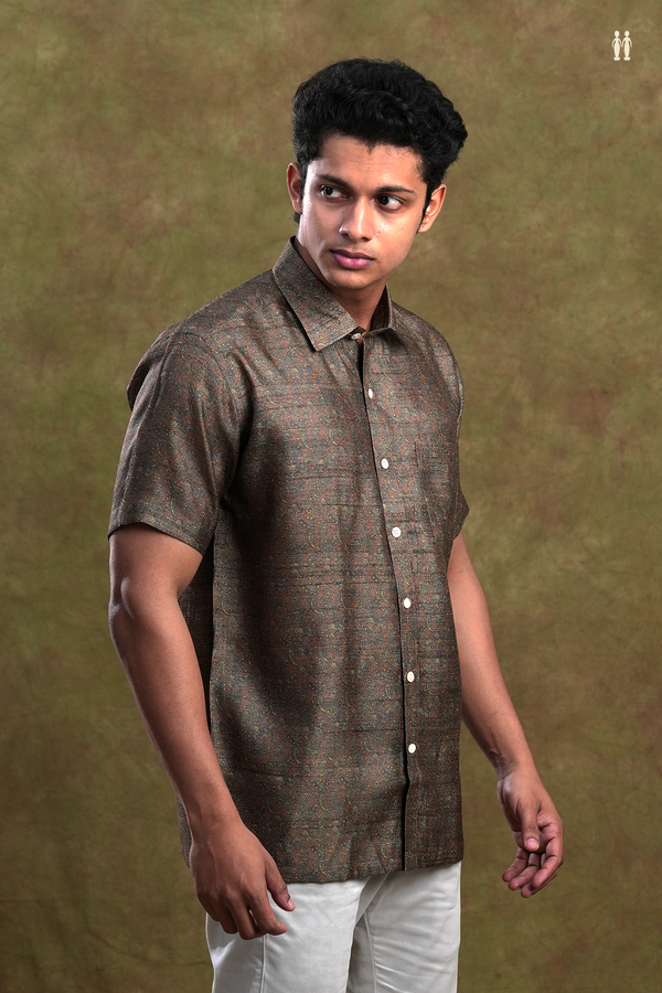 Regular Collar Paisley Printed Design Brown Tussar Silk Shirt