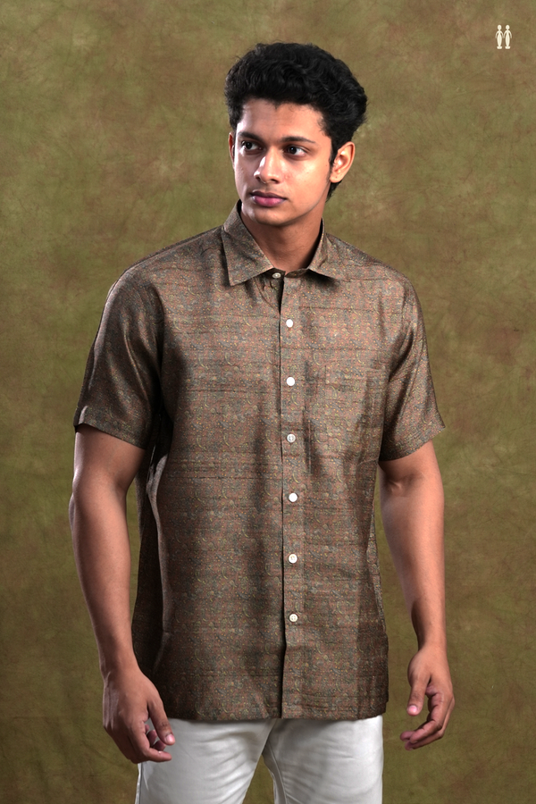 Regular Collar Paisley Printed Design Brown Tussar Silk Shirt