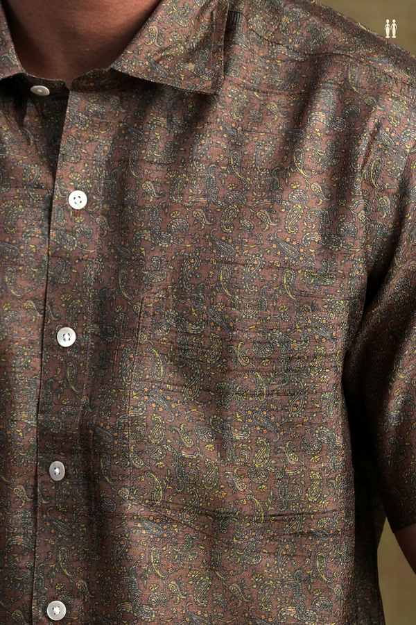 Regular Collar Paisley Printed Design Brown Tussar Silk Shirt