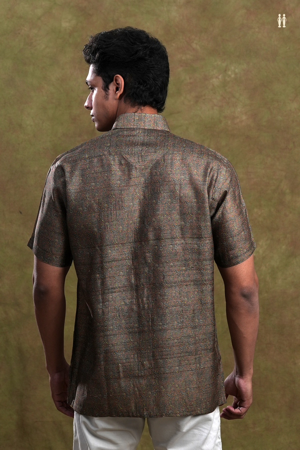 Regular Collar Paisley Printed Design Brown Tussar Silk Shirt