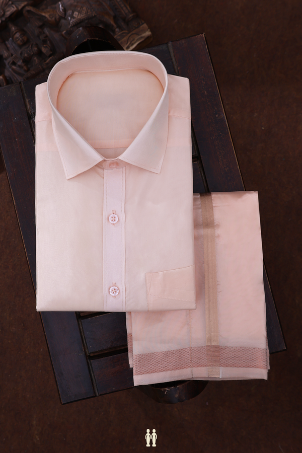 Regular Collar Pastel Orange Art Silk Shirt With Dhoti Set