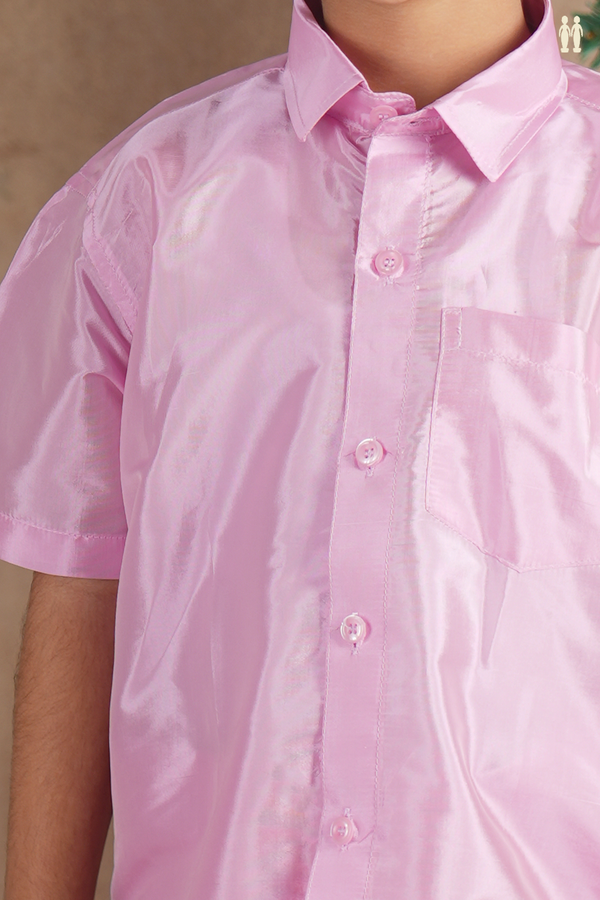 Regular Collar Lotus Pink Silk Shirt With Velcro Dhoti Set