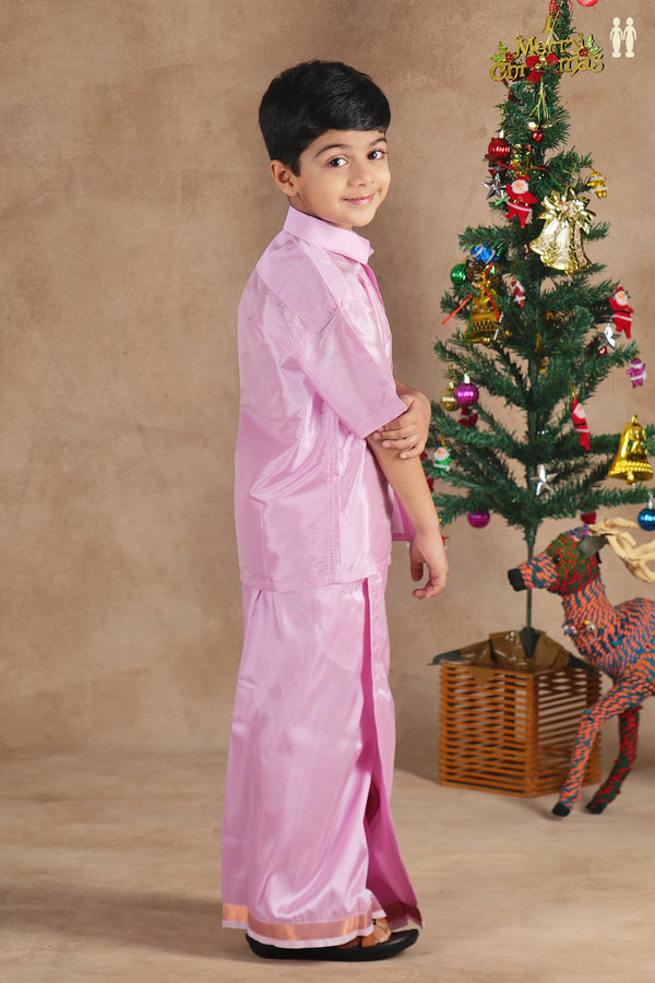 Regular Collar Lotus Pink Silk Shirt With Velcro Dhoti Set