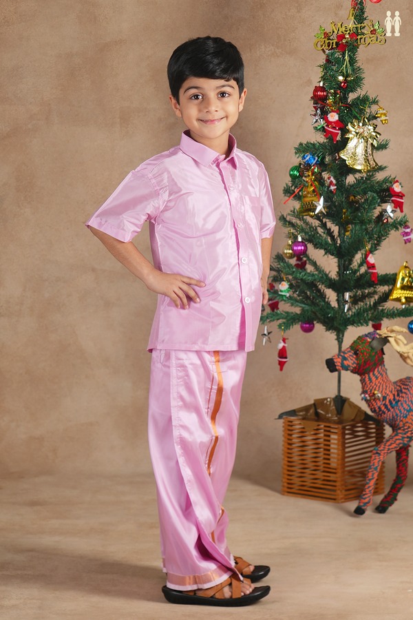 Regular Collar Lotus Pink Silk Shirt With Velcro Dhoti Set