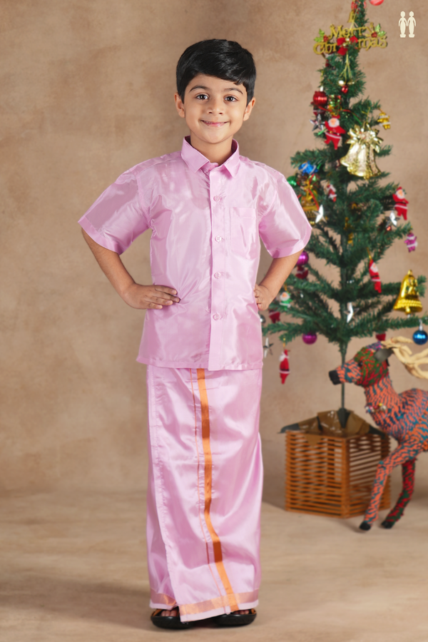 Regular Collar Lotus Pink Silk Shirt With Velcro Dhoti Set