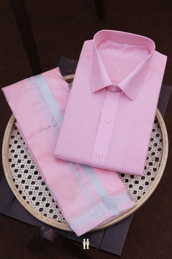 Regular Collar Pink Art Silk Shirt With Dhoti Set