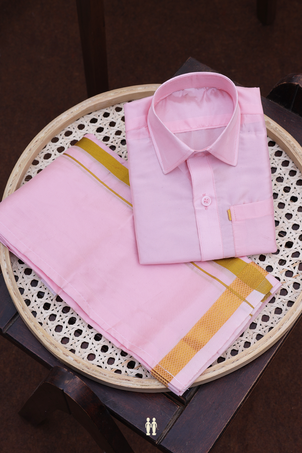 Regular Collar Pink Art Silk Shirt With Velcro Dhoti Set