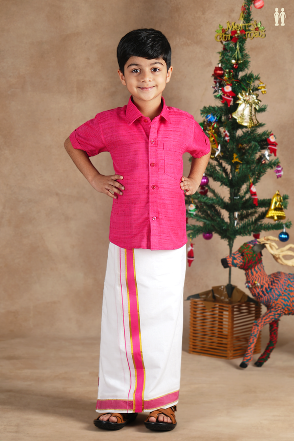 Regular Collar Pink Cotton Shirt With Velcro Dhoti Set