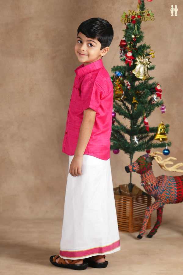 Regular Collar Pink Cotton Shirt With Velcro Dhoti Set