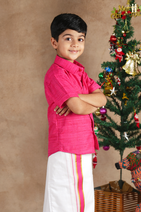 Regular Collar Pink Cotton Shirt With Velcro Dhoti Set