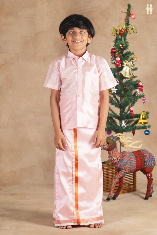 Regular Collar Pink Silk Shirt With Velcro Dhoti Set