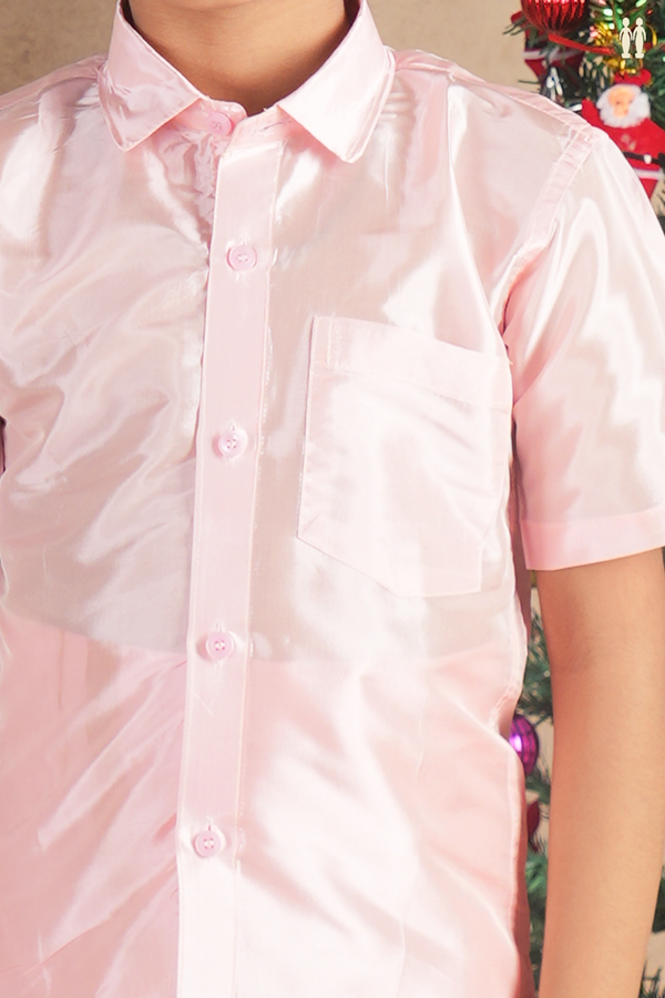 Regular Collar Pink Silk Shirt With Velcro Dhoti Set