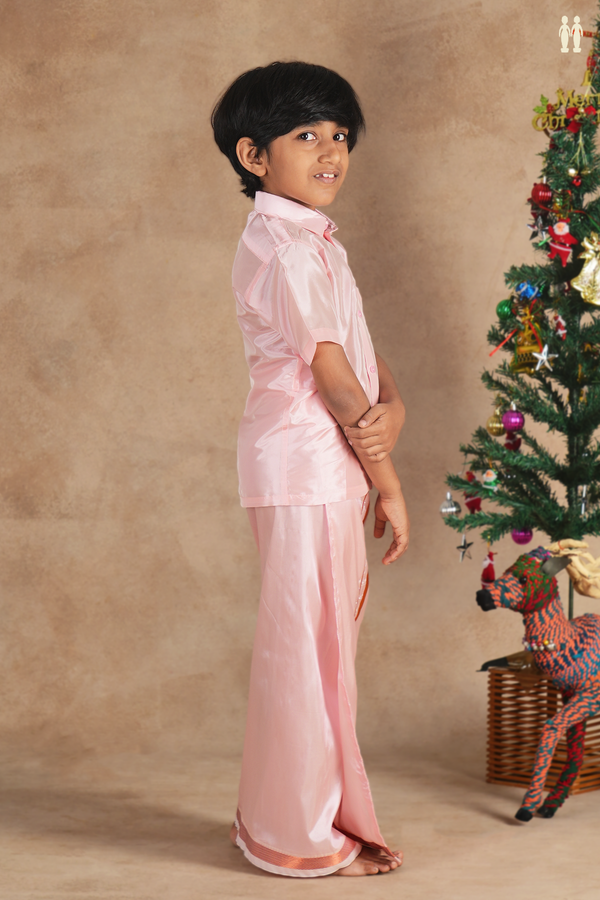 Regular Collar Pink Silk Shirt With Velcro Dhoti Set