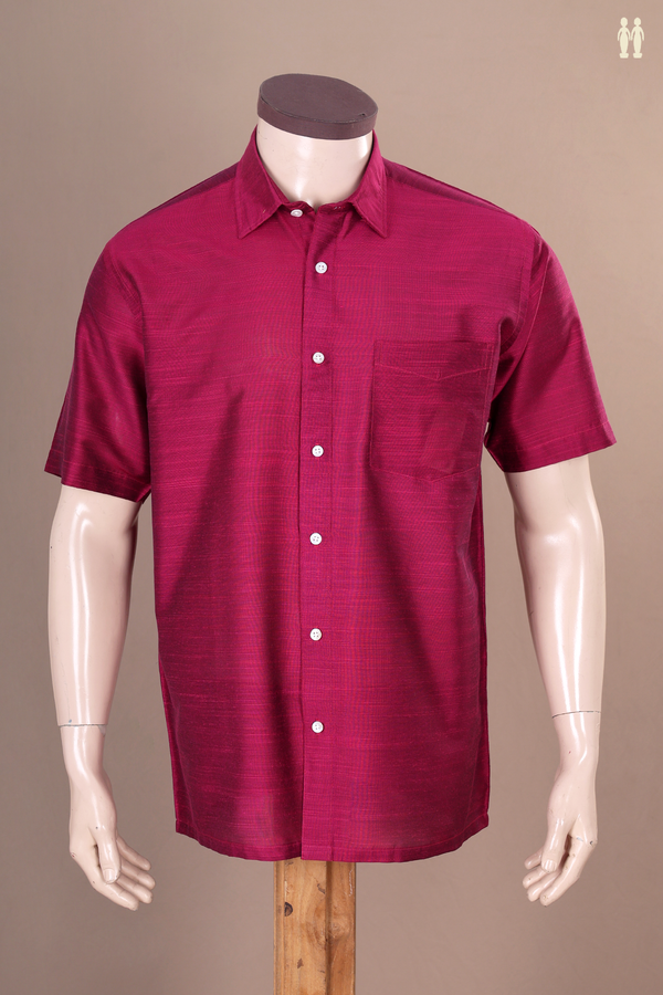 Regular Collar Plain Berry Purple Raw Silk Shirt