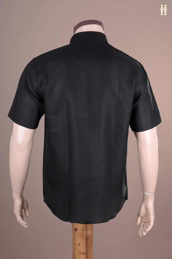 Regular Collar Plain Black Linen Shirt