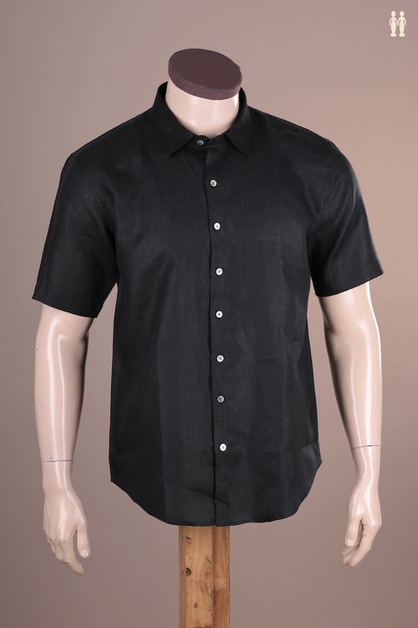 Regular Collar Plain Black Linen Shirt