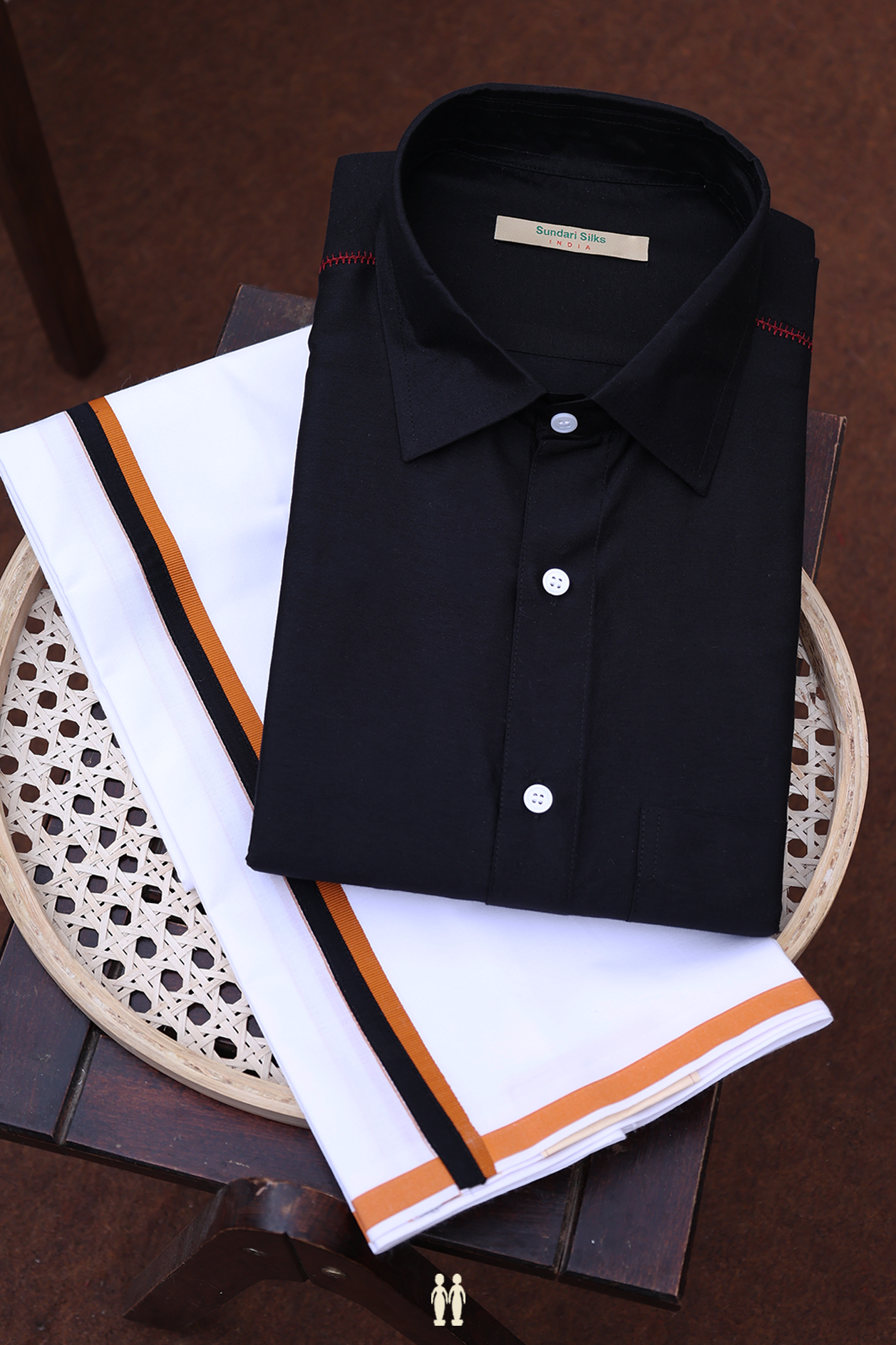 Regular Collar Plain Black Cotton Shirt With Dhoti Set