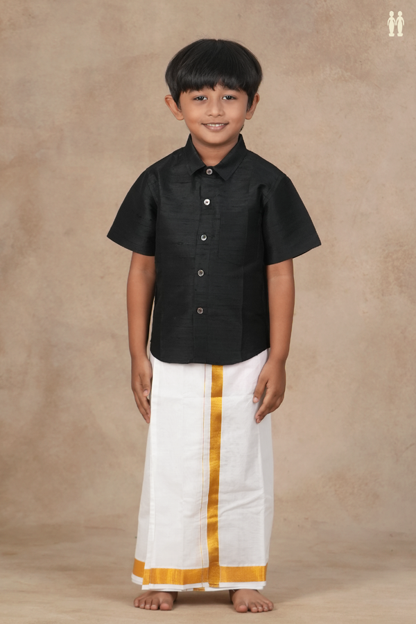 Regular Collar Plain Black Raw Silk Shirt