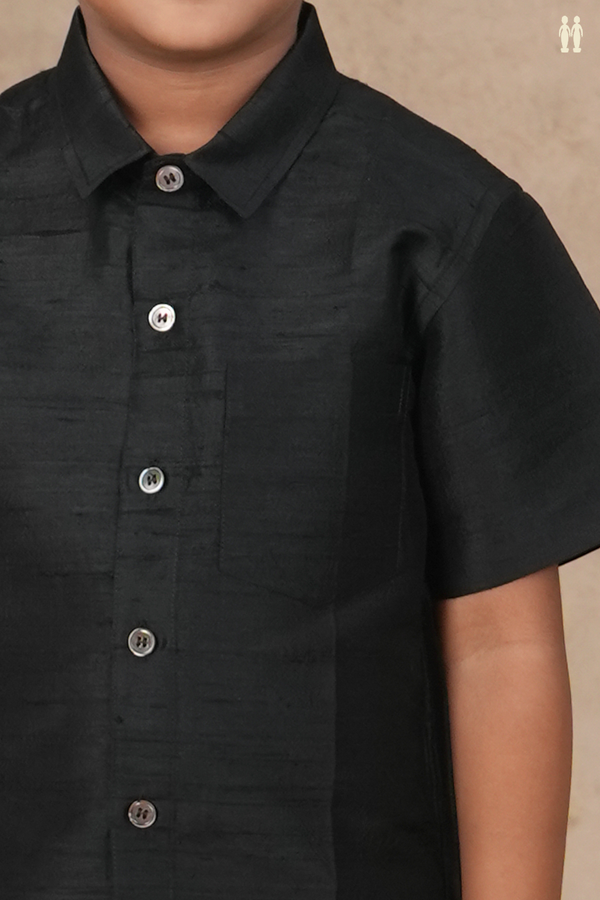 Regular Collar Plain Black Raw Silk Shirt