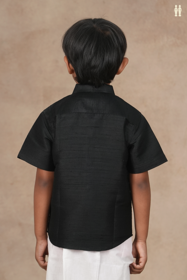 Regular Collar Plain Black Raw Silk Shirt