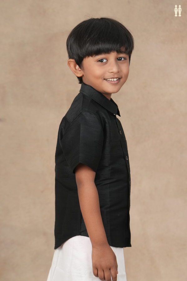 Regular Collar Plain Black Raw Silk Shirt