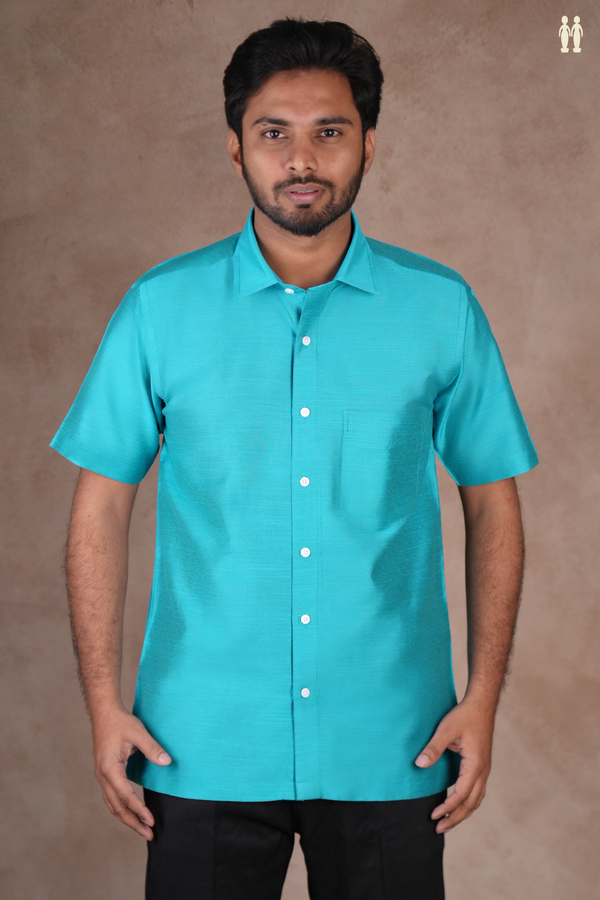 Regular Collar Plain Blue Raw Silk Shirt