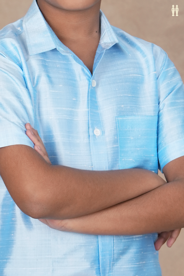 Regular Collar Plain Blue Raw Silk Shirt