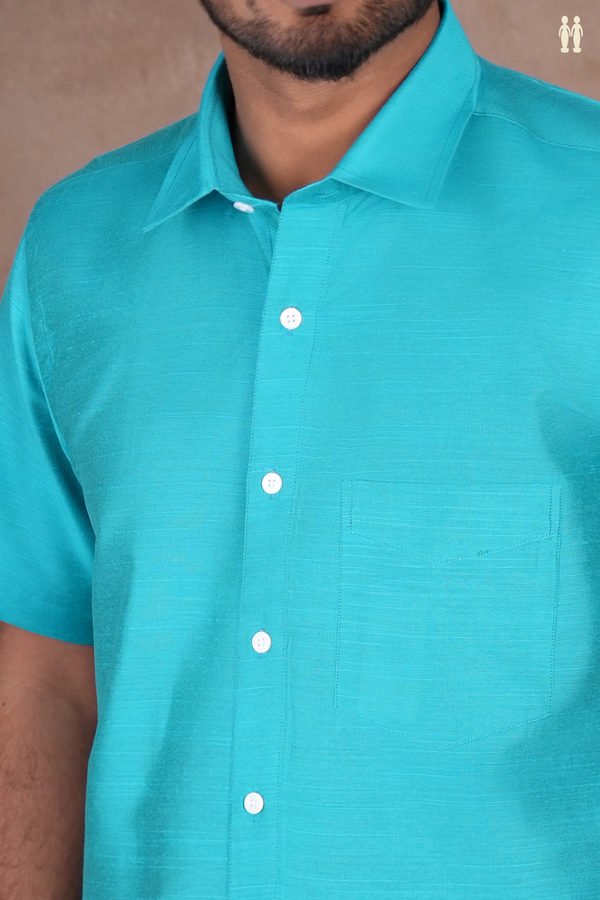 Regular Collar Plain Blue Raw Silk Shirt