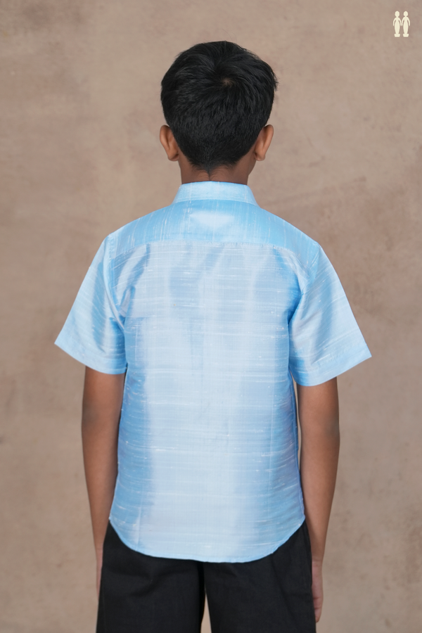 Regular Collar Plain Blue Raw Silk Shirt