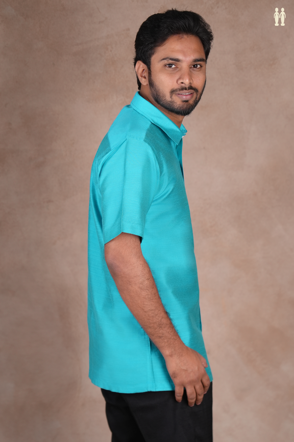 Regular Collar Plain Blue Raw Silk Shirt
