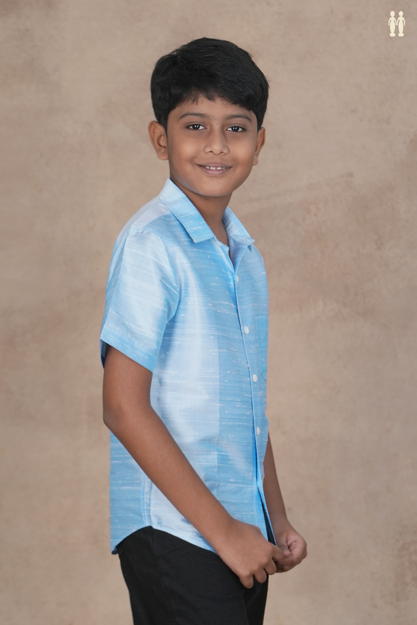 Regular Collar Plain Blue Raw Silk Shirt