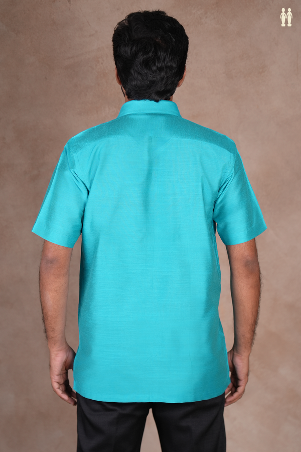 Regular Collar Plain Blue Raw Silk Shirt