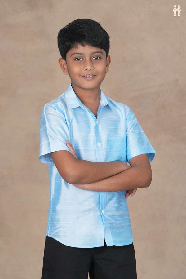 Regular Collar Plain Blue Raw Silk Shirt