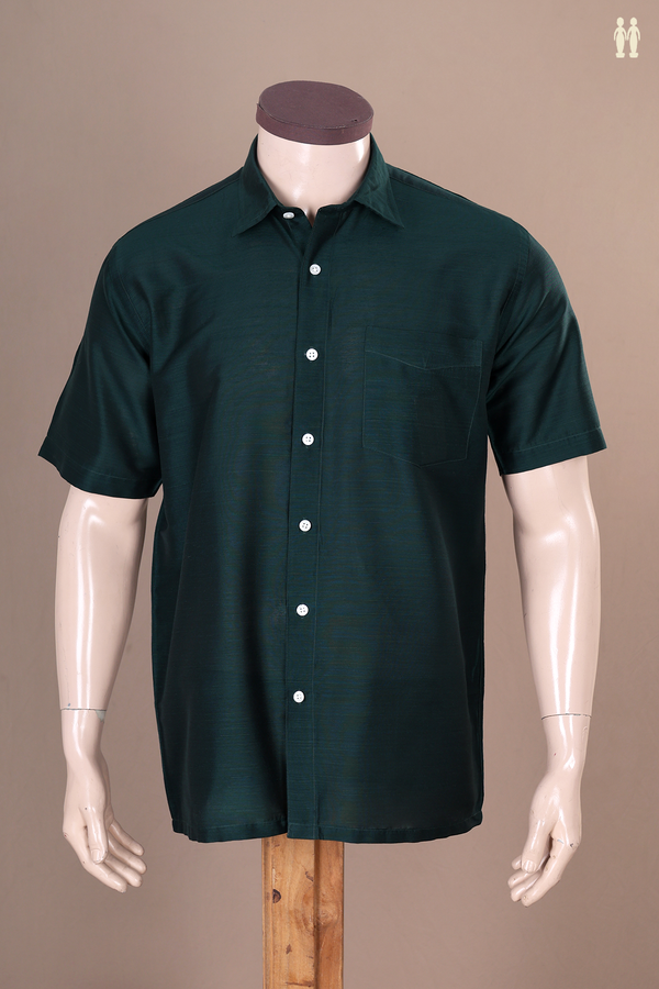 Regular Collar Plain Bottle Green Raw Silk Shirt