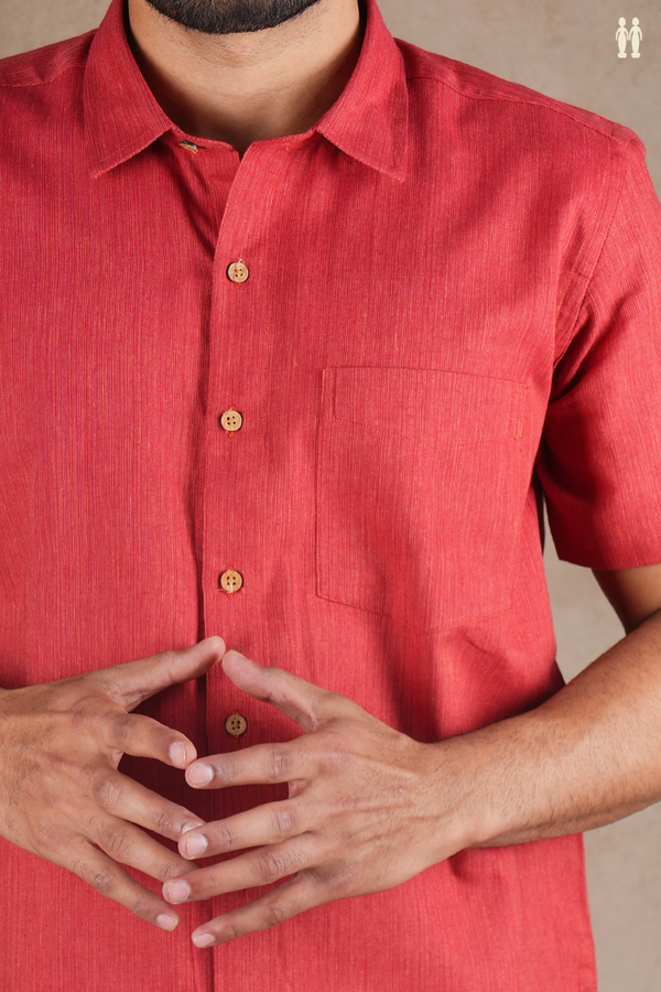 Regular Collar Plain Brick Red Cotton Shirt