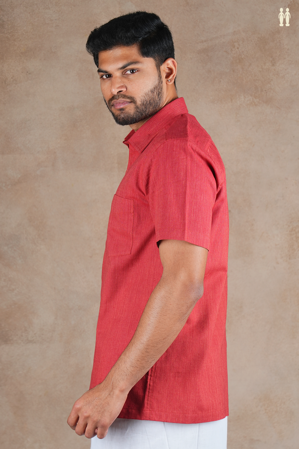Regular Collar Plain Brick Red Cotton Shirt