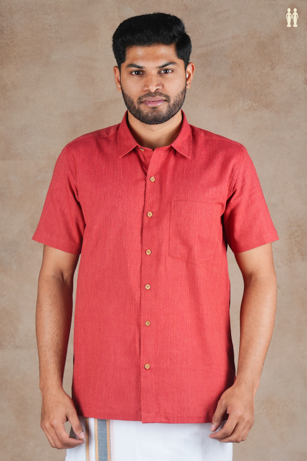 Regular Collar Plain Brick Red Cotton Shirt