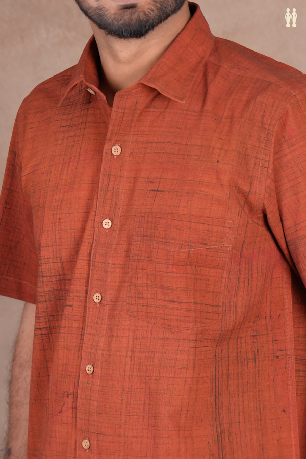 Regular Collar Plain Brown Dobby Cotton Shirt
