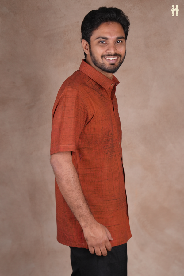 Regular Collar Plain Brown Dobby Cotton Shirt