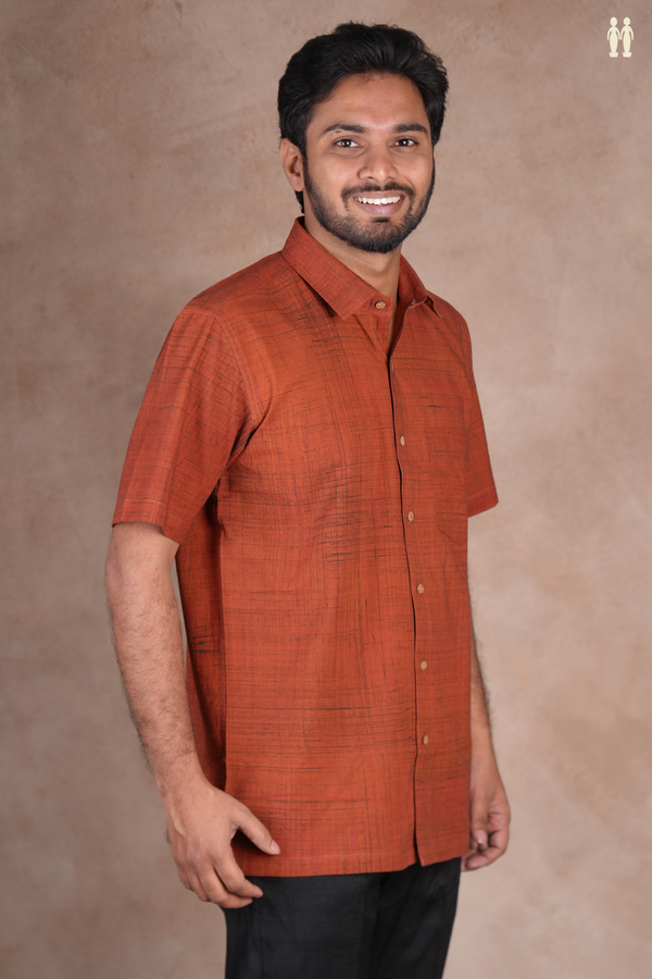 Regular Collar Plain Brown Dobby Cotton Shirt