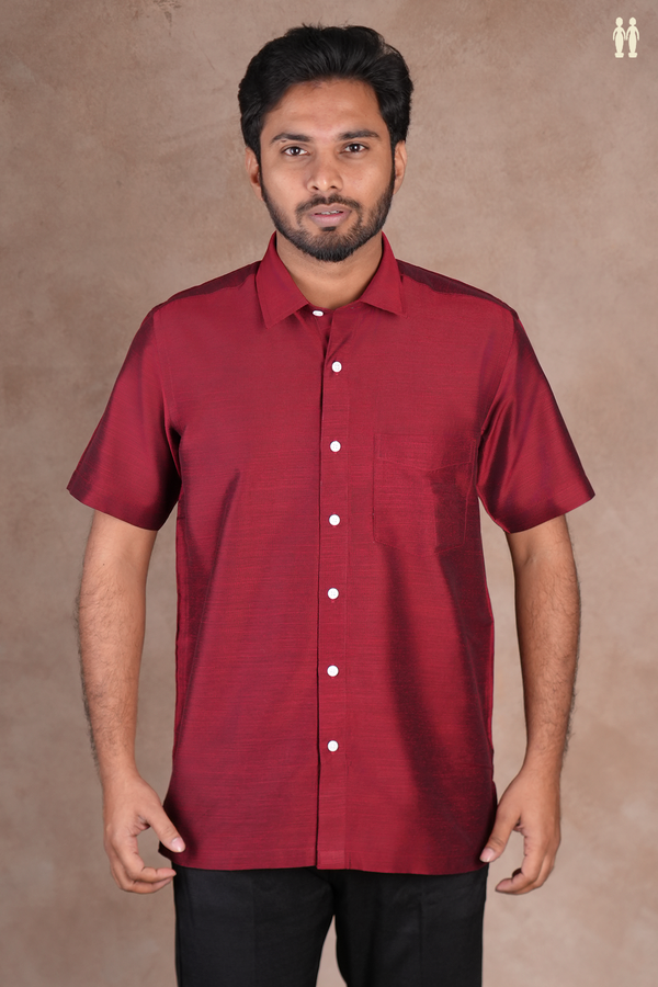 Regular Collar Plain Burgundy Red Raw Silk Shirt