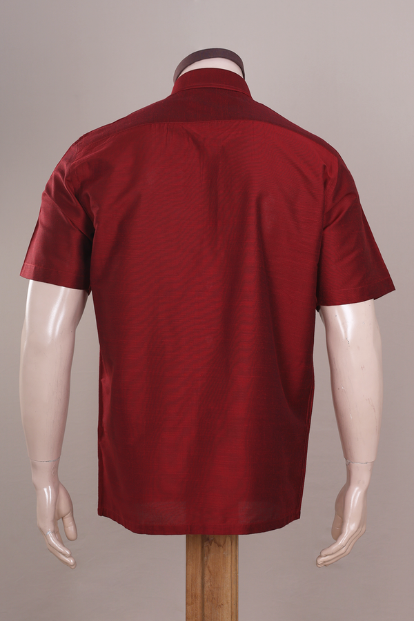 Regular Collar Plain Burgundy Red Raw Silk Shirt