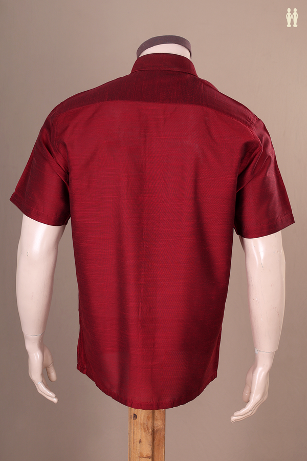 Regular Collar Plain Burgundy Red Raw Silk Shirt