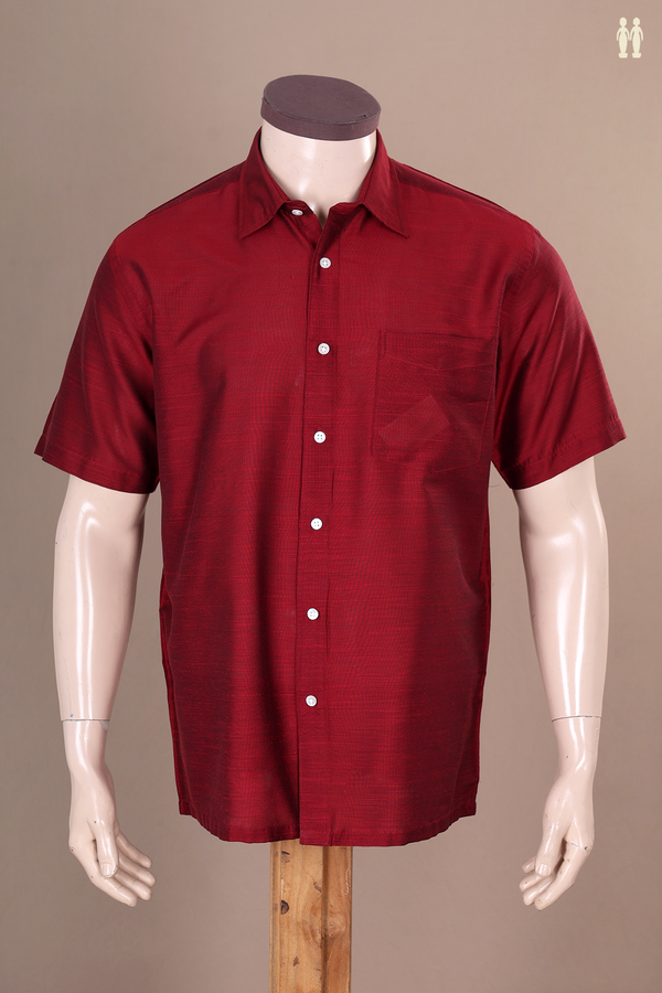 Regular Collar Plain Burgundy Red Raw Silk Shirt