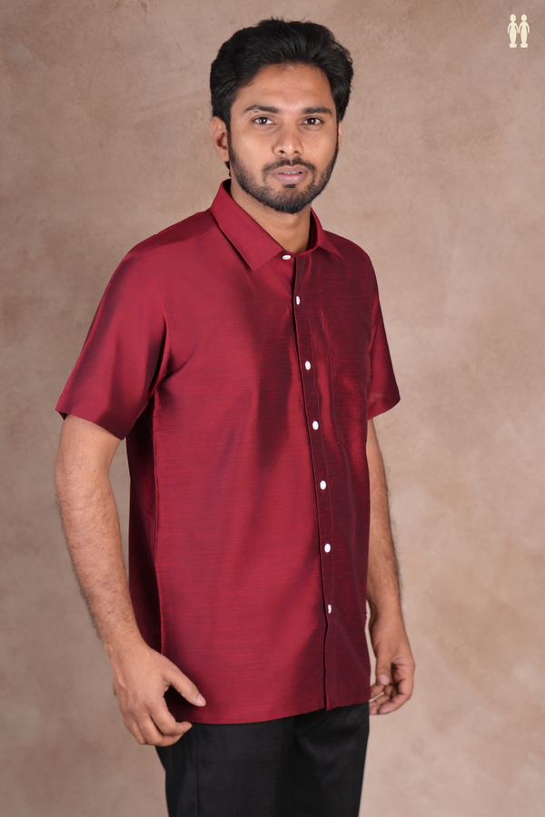 Regular Collar Plain Burgundy Red Raw Silk Shirt